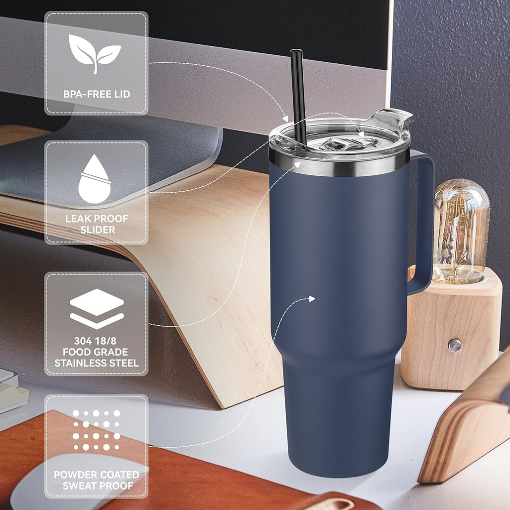 HASLE OUTFITTERS 40 oz Stainless Steel Tumbler with Handle, Vacuum Insulated Tumblers Bulk, Reusable Double Wall Travel Coffee Mug, Durable Powder Coated Water Bottle(Navy, 1)