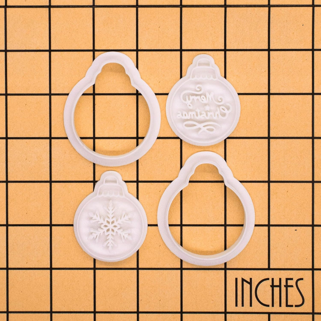 BAKERLOGY Winter Wishes – Mini Christmas Bauble Cookie Cutter and Stamp Set (2") – Set of 2 with Snowflake & Merry Christmas Designs for Festive Baking and Edible Crafts