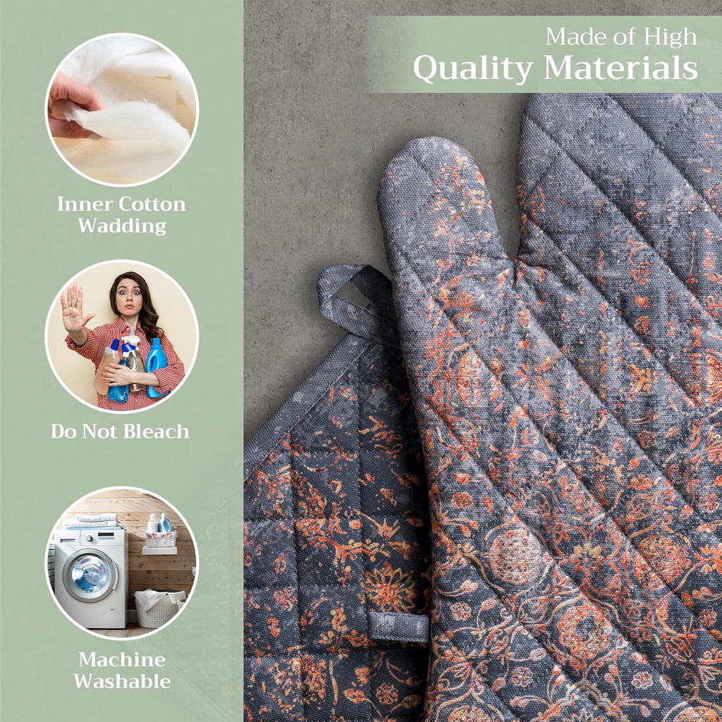 Maison d' Hermine 100% Cotton Oven Mitt & Pot Holder Set (7.5"x13" & 8"x8") Heat Resistant BBQ Cooking Gloves with Loop, Baking, Grilling, Kitchen, Handling Hot Pans (Imperfection)
