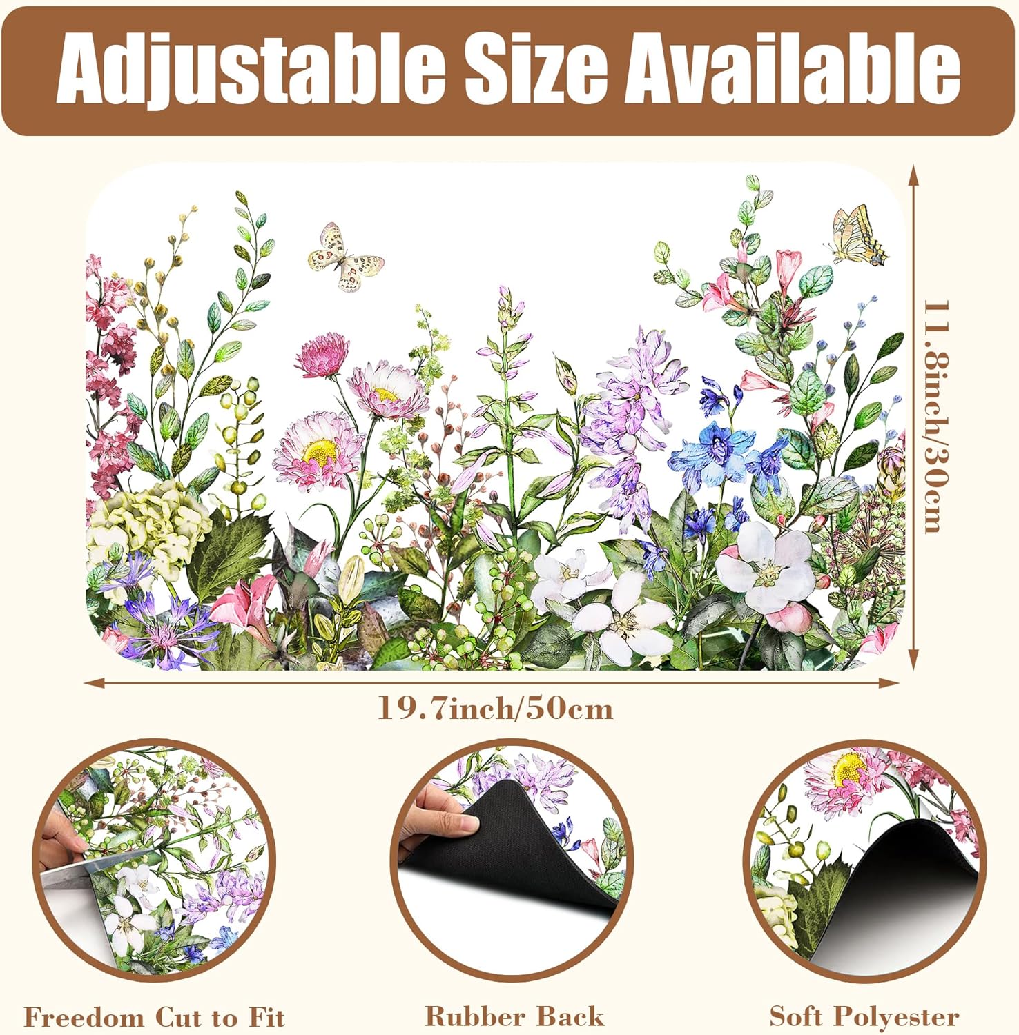 Watercolor Flower and Butterfly Dish Drying Mat for Kitchen Counter Absorbent Coffee Mat with Hide Stain Rubber Backed Espresso Machine Coffee Bar Accessories 11.8 x 19.7 Inch