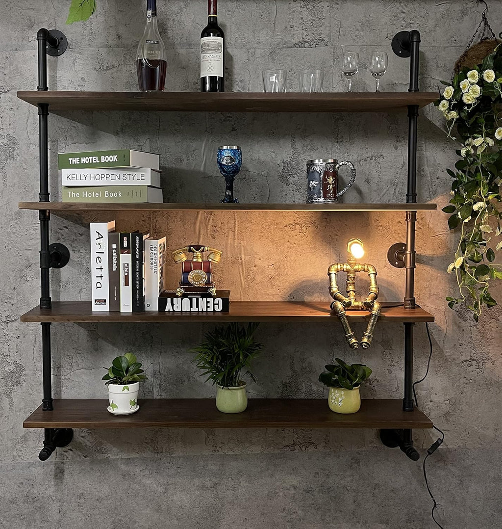 Industrial Pipe Wall Shelves Pipe Shelving with Real Wood Plank,48 Inches Floating Shelves for Wall Farmhouse Pipe Book Shelves Dark Brown 4 Tier for Kitchen,Living Room Decor and Bar Shelving
