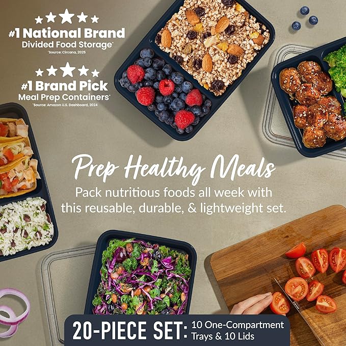 Bentgo Prep - 20-Piece 2-Compartment Reusable Meal Prep Containers with Lids, PFAS & BPA Free Materials, Durable, Microwave, Freezer, & Dishwasher Safe To Go Food Storage (Navy Blue)