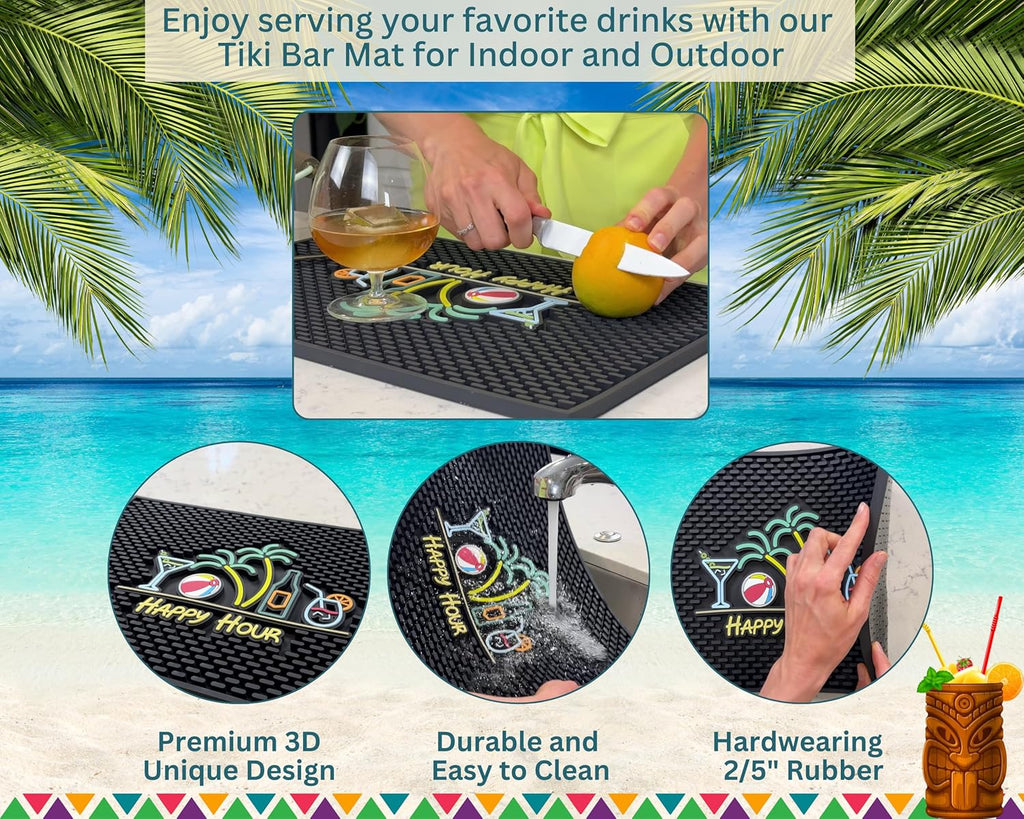 Tiki Bar Decor Happy Hour Mat 18x12 in, Tiki Bar Mats for Countertop with Martini, Beach Ball, Palm Trees, Beer Bottle and Cocktail Design - Outdoor Tiki Bar Mat, Tiki Decor Bar Mats for Bartending