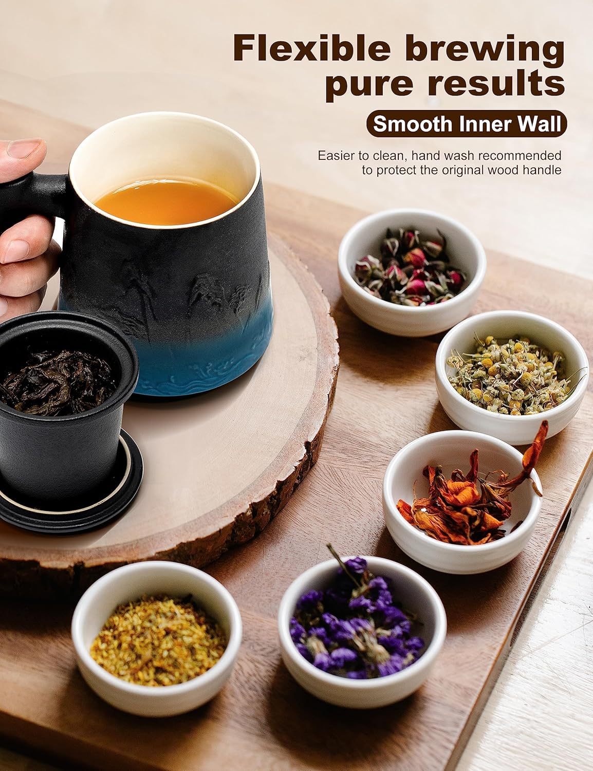 suyika Ceramic Tea Cup with Infuser and Lid, Gradient Embossed Large Tea Mug Wooden Handle for Steeping Loose Leaf, Tea Lover Gifts 15.2 oz / 450 ml,Black & Cyan