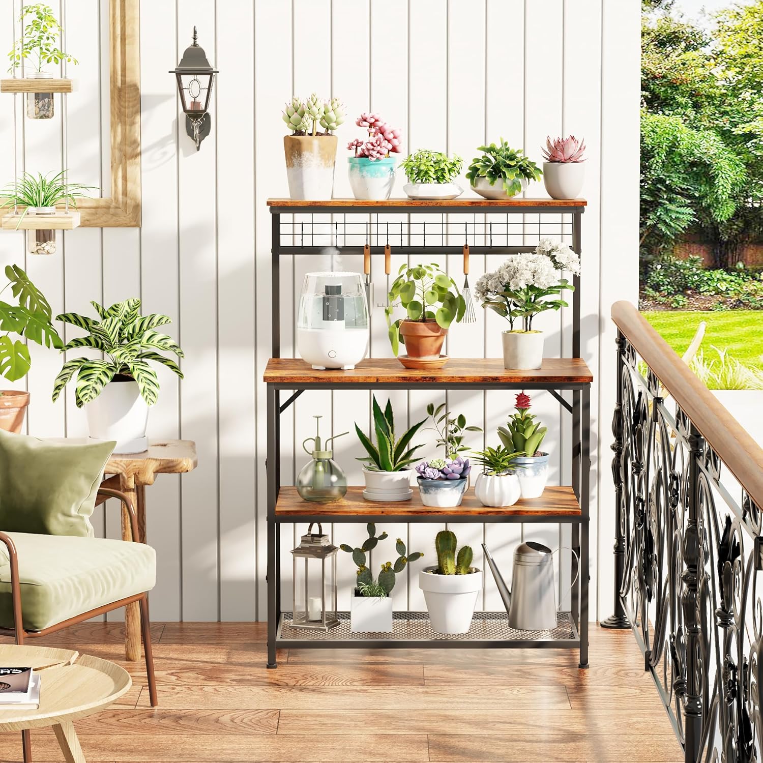 Furologee Kitchen Bakers Rack with Hutch,Coffee Stand with Storage 4 Tiers,Coffee Bar Station with a 31.5 Inch Larger Desktop and 8 S Hooks,Kitchen Microwave Rack for Spices,Pots,Rustic Brown