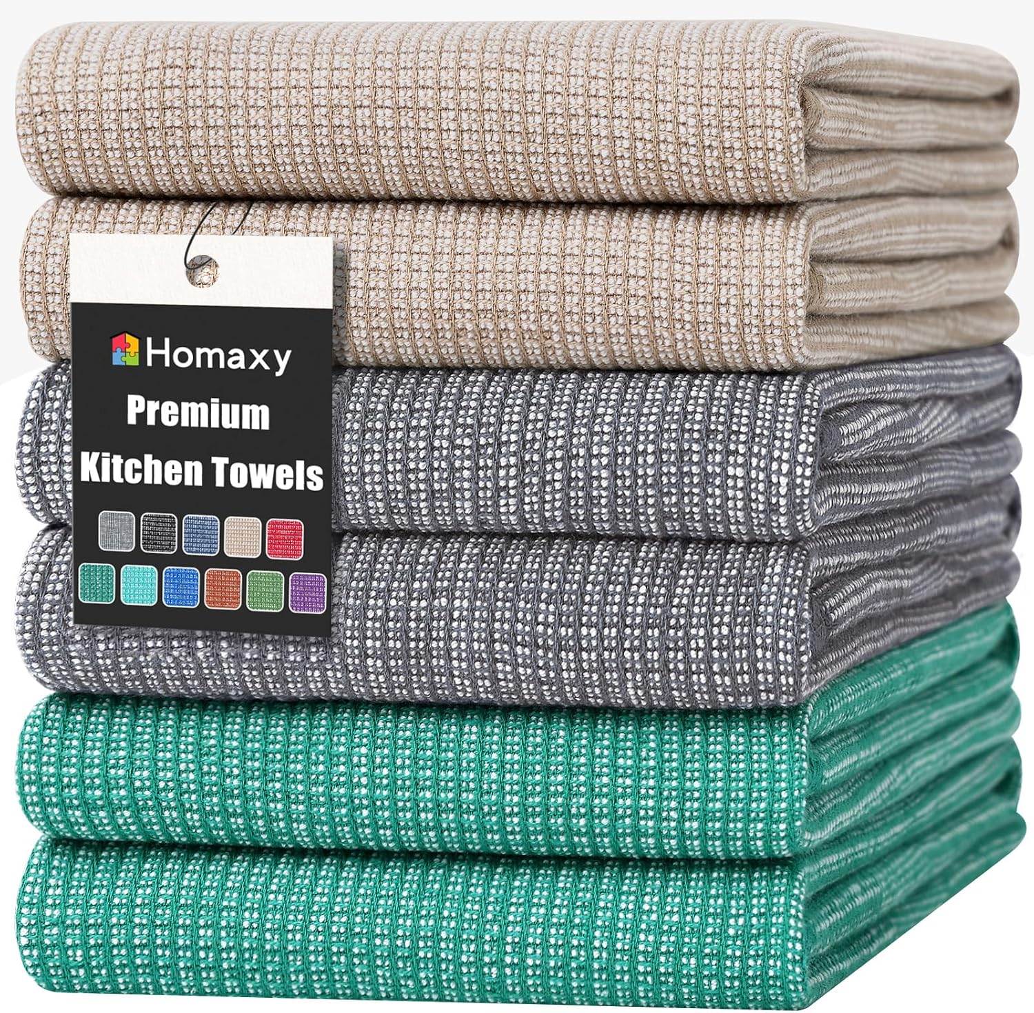 Homaxy Premium Kitchen Towels(18”x 28”, 6 Pack), Large Cotton Kitchen Hand Towels, Flat and Terry Dish Towels, 380 GSM Highly Absorbent Tea Towel Set with Hanging Loop, Grey/Green/Khaki