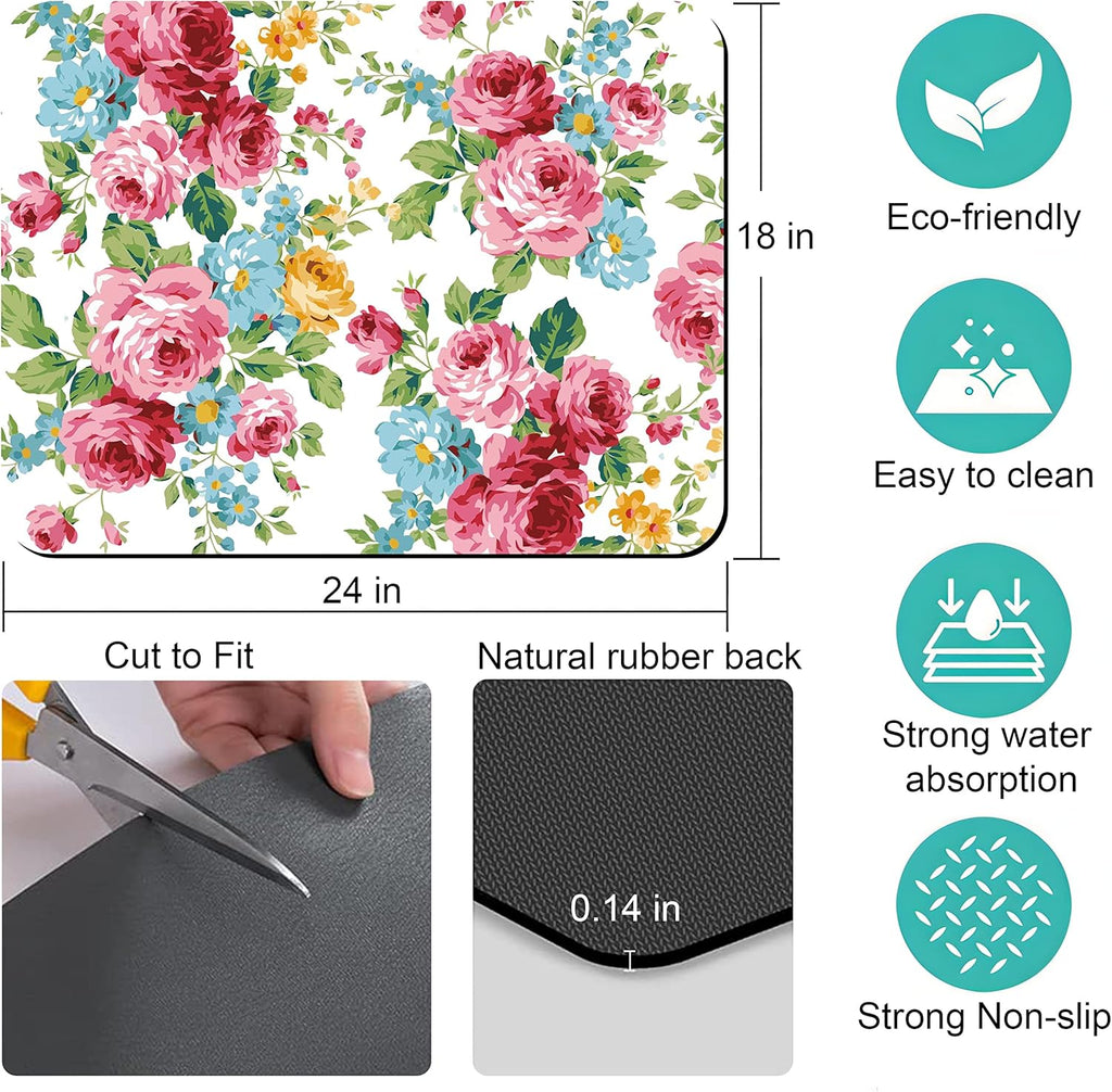 Rubber Dish Drying Mat for Kitchen Counter Large Pink Red Roses Floral Washable Quick Home Coffee Pad Fit Under Sink,Bar,Utensils 18x24in