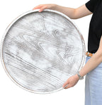 Extra Large Round Ottoman Table Tray Round-24 - Rustic Wooden Serving Tray for Farmhouse Decorative Oversized Coffee Table Trays Living Room Kitchen Counter Breakfast Whitewash