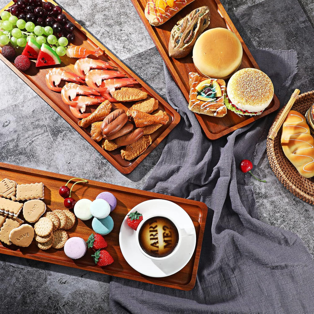10 Pack Solid Wood Serving Trays 16.7 x 6.4 Inch Acacia Wooden Server Platter Rectangular Charcuterie Boards with Grooved Handle for Home Room Coffee Cheese Appetizer Table Farmhouse Serving Decor