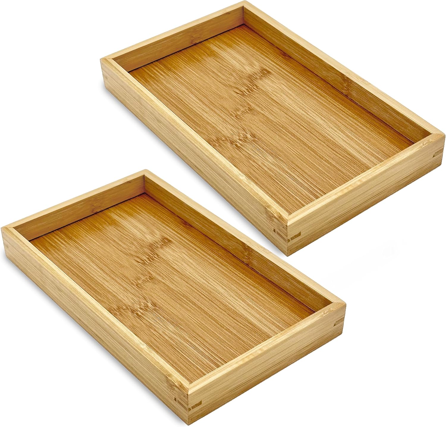 Bam & Boo (2-Pack) Natural Bamboo Rectangle Serving & Vanity Tray - for Kitchen, Bathroom, Countertop, Coffee Table (9.8" x 5.9" x 1.2")