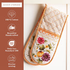 Maison d' Hermine Double Oven Mitts 100% Cotton 7"x35" Double Oven Mitt Heat Resistant BBQ Cooking Gloves with Loop, Baking, Grilling, Home, Kitchen, Handling Hot Pans (Pumpkin Garden - Cloudy Cream)