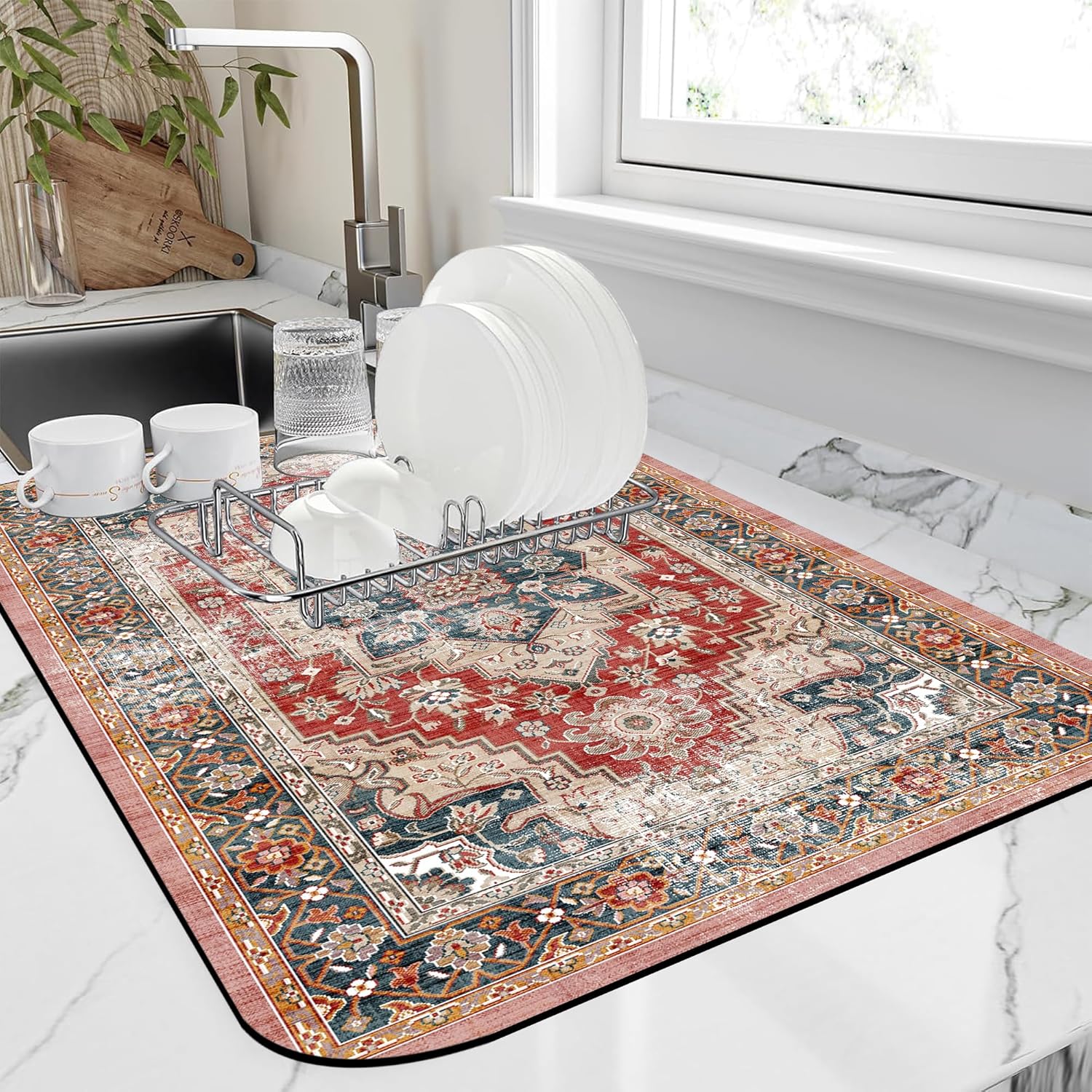Dish Drying Mat Persian Style Textile Rug Texture Dish Drying Pad,12"X19"Bsorbent Coffee Mat for Sink Dishes or Under Rack Kitchen Counter Accessories Absorbent Hide Stain Drying Mat