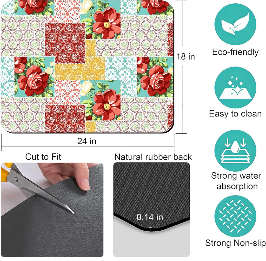Rubber Dish Drying Mat for Kitchen Counter Large Boho Flowers Washable Quick Home Coffee Pad Fit Under Sink,Bar,Utensils 18x24in