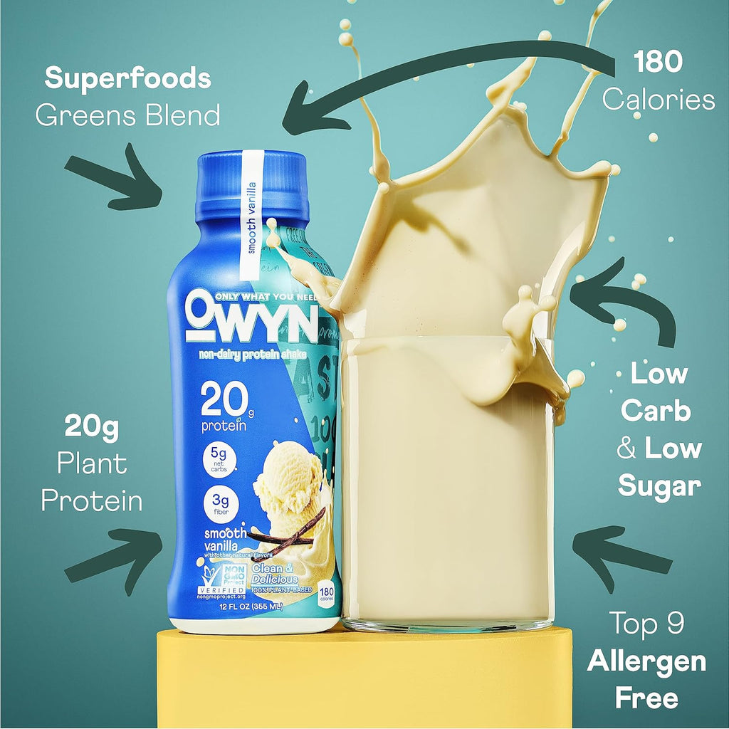 OWYN Only What You Need Plant Based Protein Shake, 20g Vegan Protein from Organic Pumpkin seed, Flax, Pea Blend, Prebiotic supplement, Gluten & Soy-Free (Vanilla Variety Pack, 12 Pack)