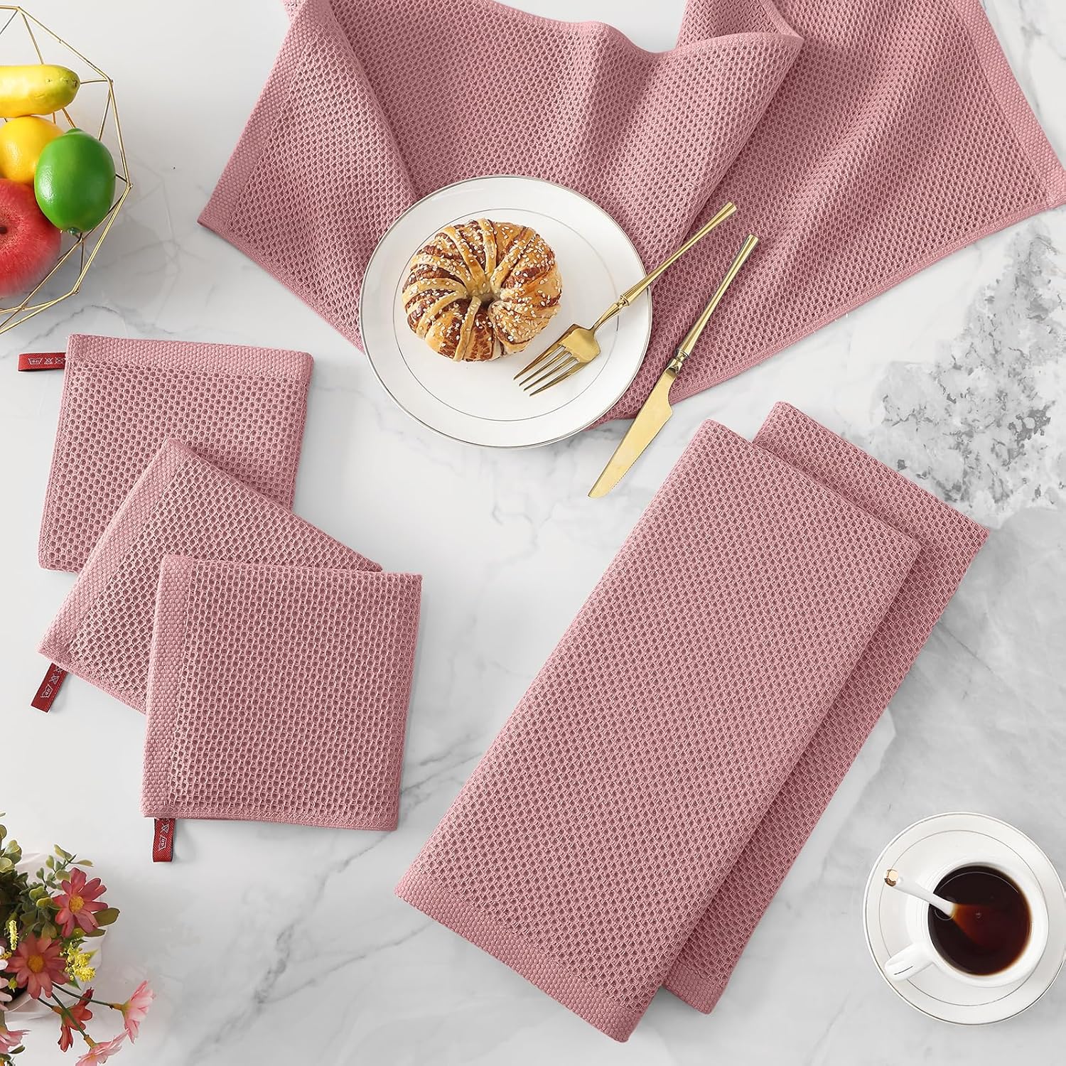 Kitinjoy 100% Cotton Waffle Weave Kitchen Towels (13 X 28 Inches, Dried Roses), 4-Pack Super Soft and Absorbent Dish Towel for Drying Dishes, Kitchen Hand Towels