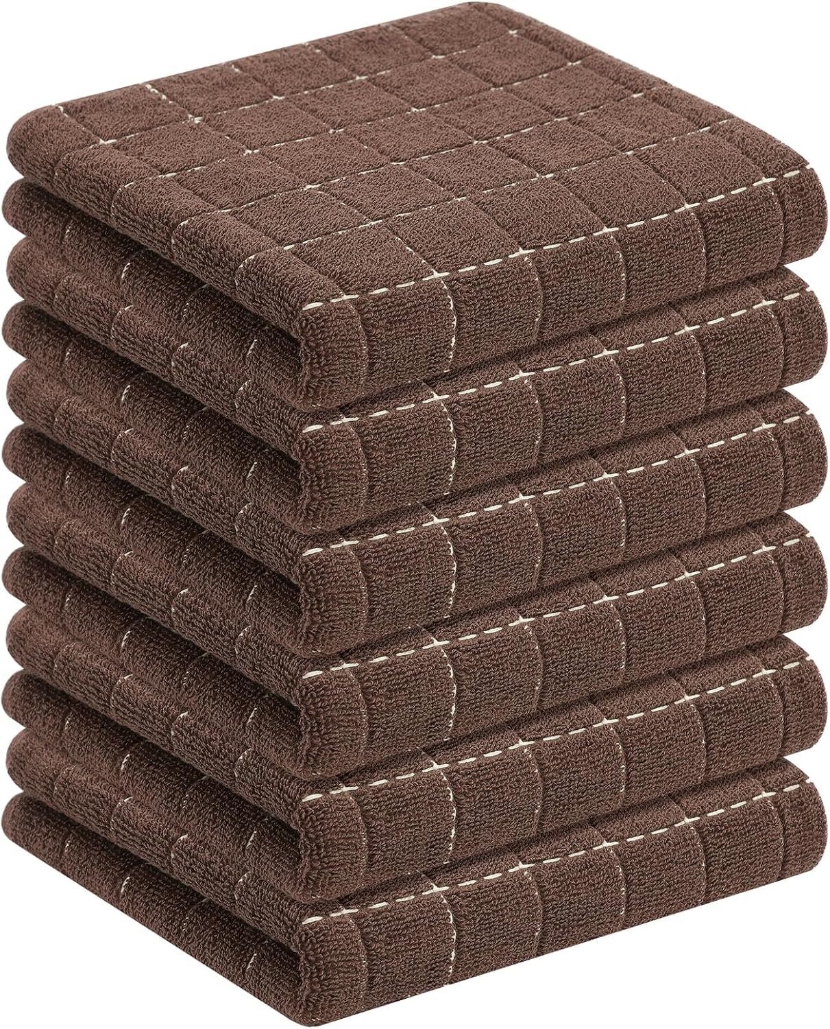 Homaxy 100% Cotton Terry Kitchen Towels(Brown, 13 x 28 inches), Checkered Designed, Soft and Super Absorbent Dish Towels, 6 Pack