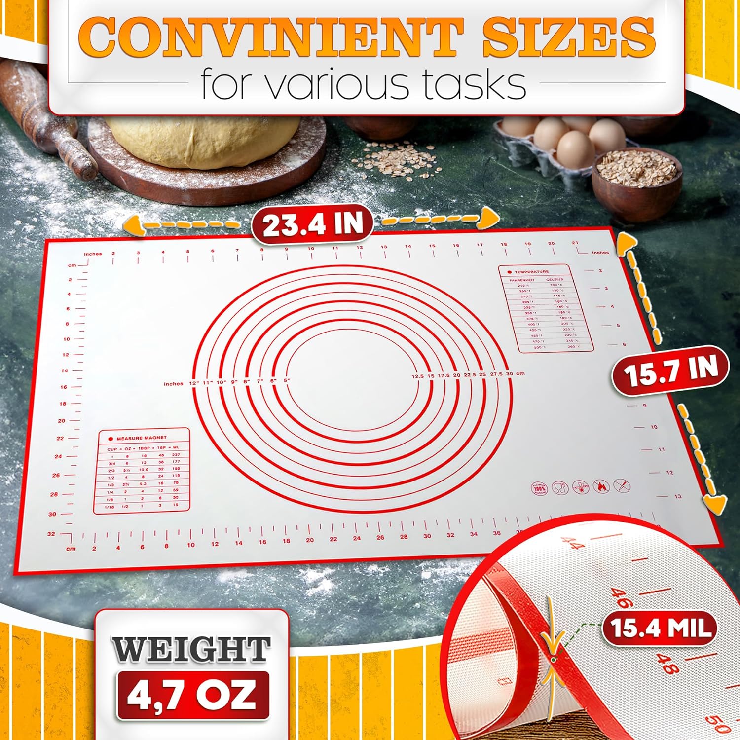 15.7x23.4 Pizza Mats for Rolling Dough - Stain-Proof Large Silicone Baking Mat with Measurements, Non-Stick Baking Rolling Mat - Heat Resistant Kneading Dough Sheet for Bread, Pizza, Pasta & Pie