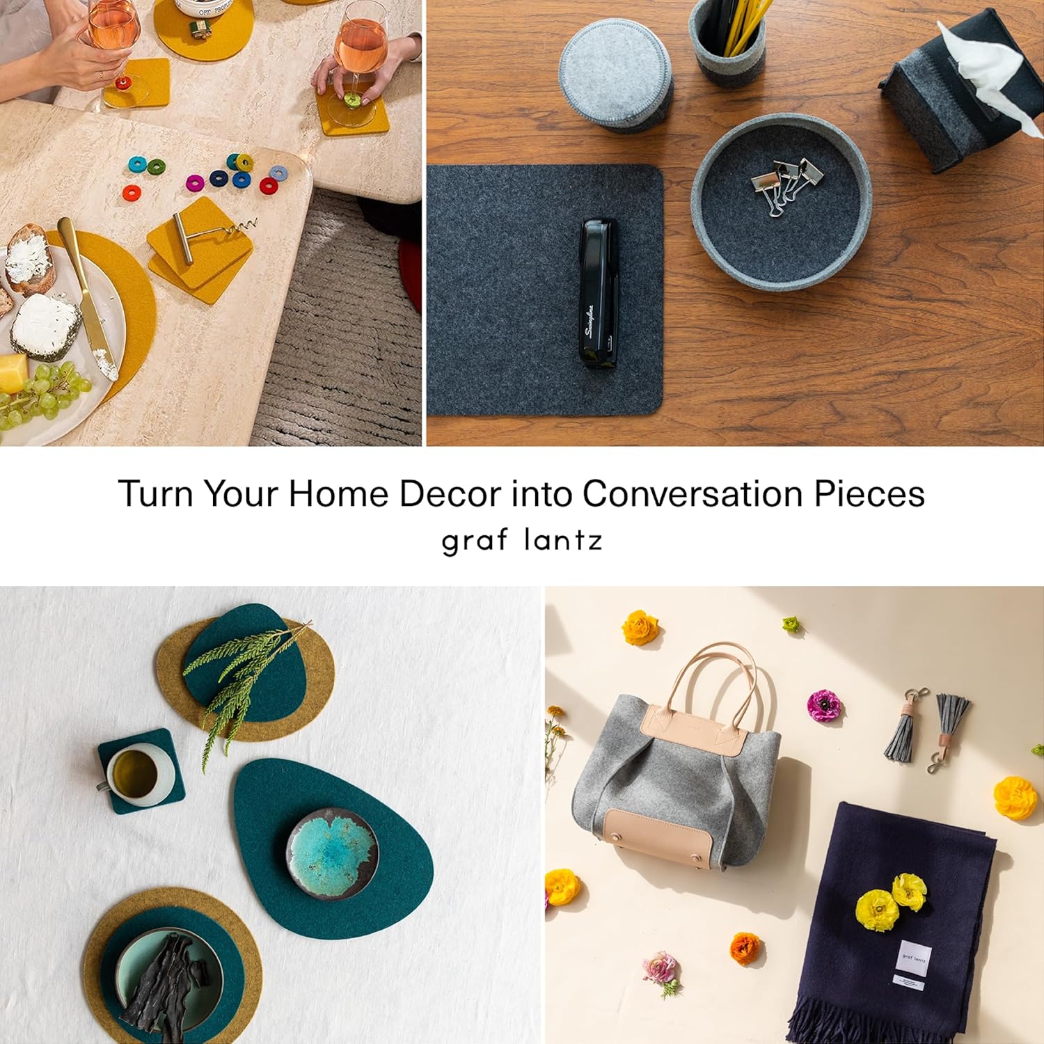 Graf Lantz - Bierfilzl Merino Wool Square Coasters Set of 6 - Chic (4"x4"x5mm) - Absorbs 30% of Weight - Natural German Wool - Heat Resistant, Sustainable, Reusable - Home Decor & Coffee Table Decor