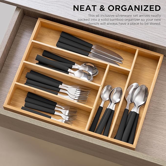 COOK WITH COLOR Bamboo Kitchen Utensil Set with Drawer Organizer | Cooking Tools and Storage Caddy, Black, 25 Piece Cutlery Set