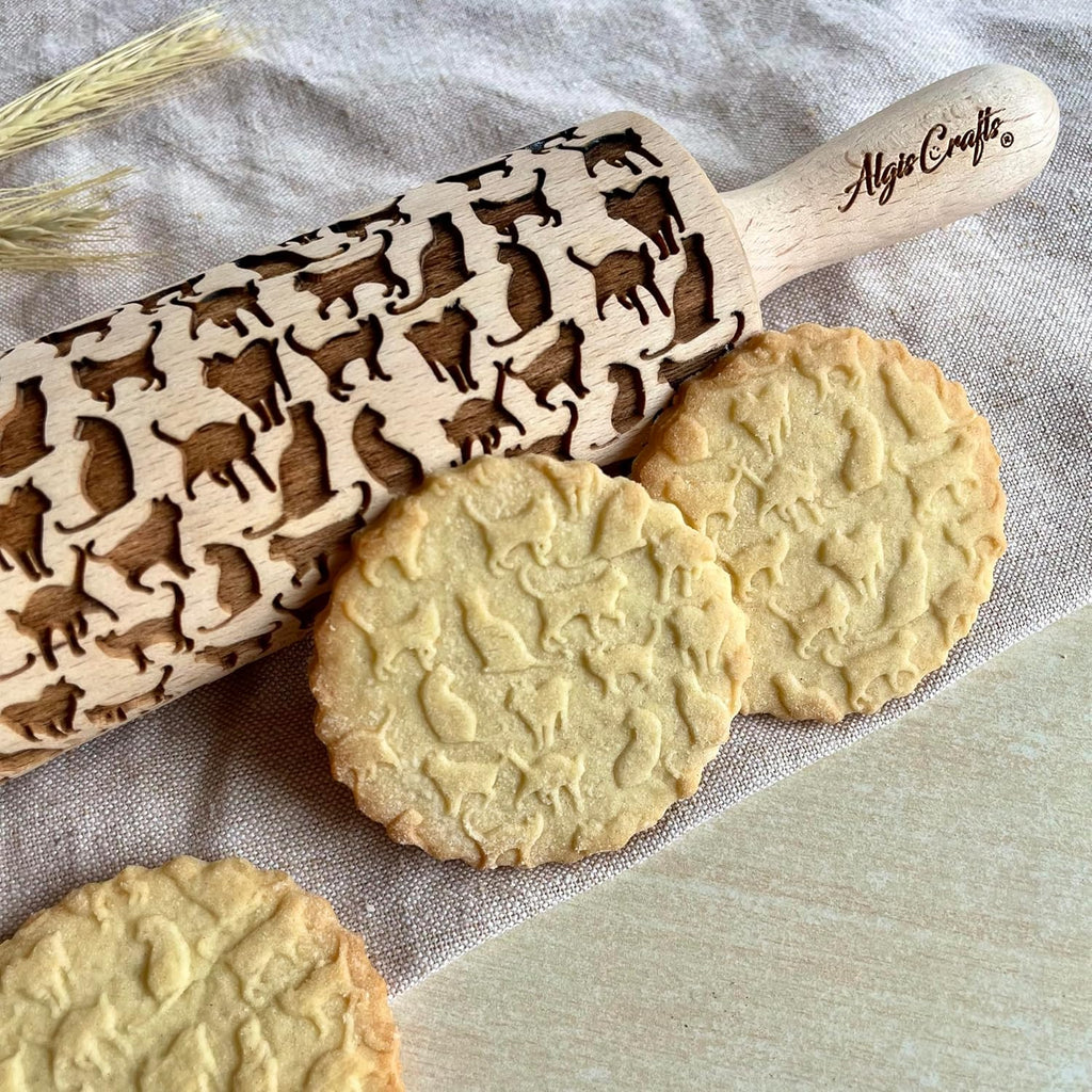 KITTY Embossing Rolling Pin Cat embossed Dogh Roller for Embossed Cookies and Potery by Algis Crafts