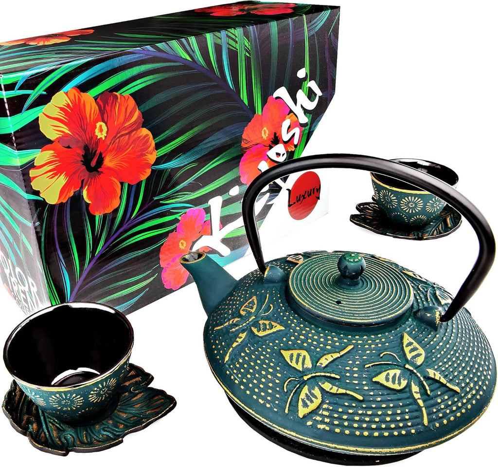 7PC Japanese Tea Set. "KIYOSHI Green" Cast Iron Tea Pot with 2 Tea Cups, 2 Saucers, Infuser and Teapot Trivet. Ceremonial Matcha Accessories