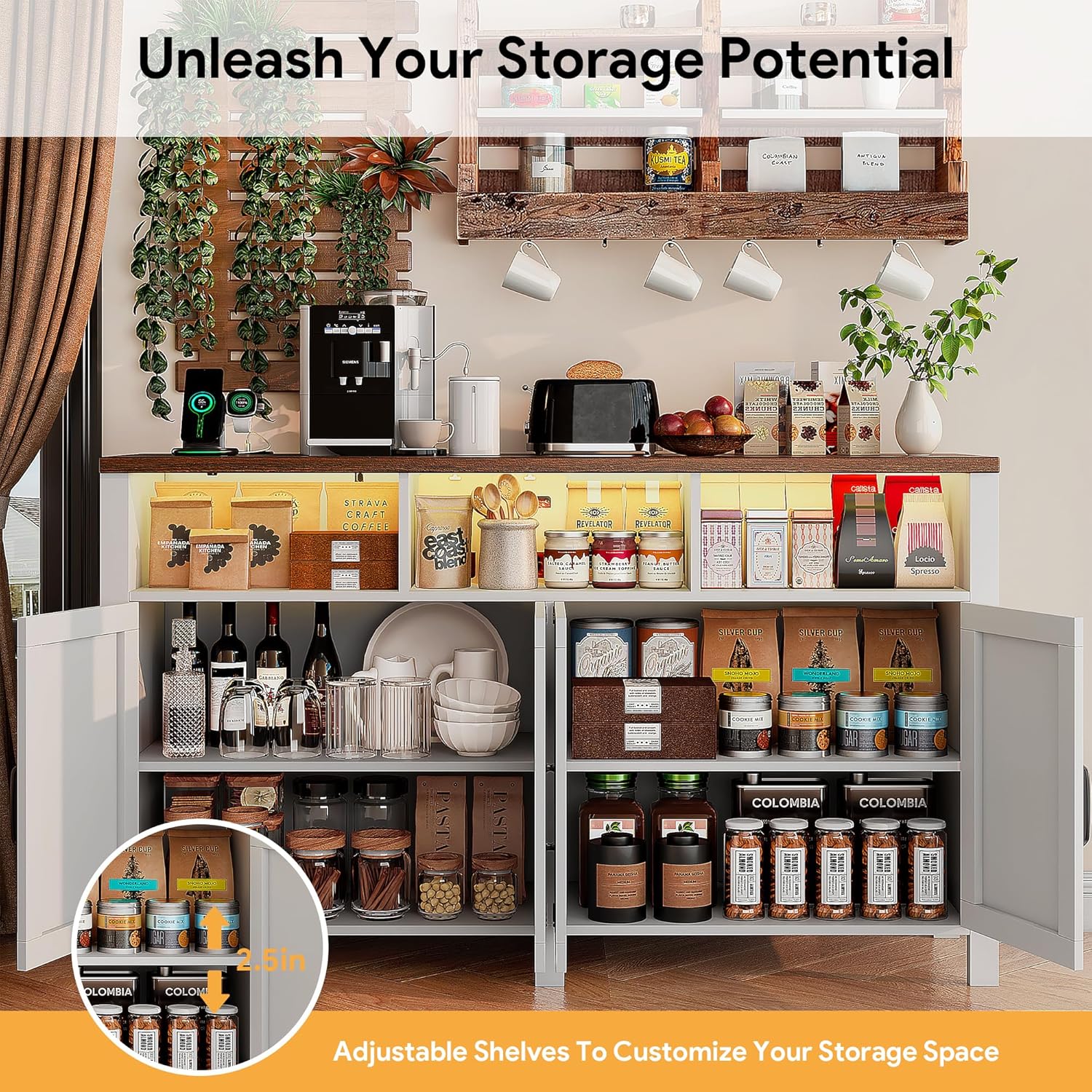 Buffet Sideboard with Storage with Power Outlets & LED Light 4 Doors, 55'' Large Farmhouse Kitchen Storage Cabinet Wood Coffee Bar Cabinet Buffet Table for Kitchen, Dining Room, Entryway