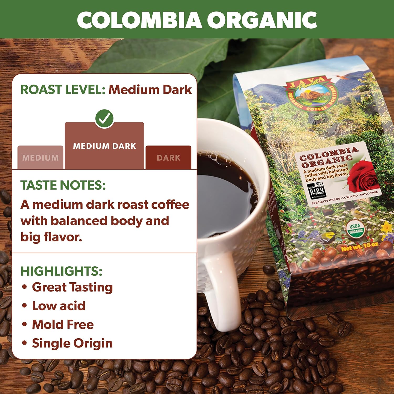 Low Acid Organic Coffee – Whole Bean, Mold-Free & Stomach Friendly by Java Planet, Colombian Single Origin Coffee, Medium Dark Roast, Smooth Full Flavored, 1LB Bag