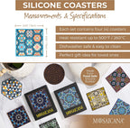 Blue Tile Colored Coasters Set of 4, Silicone, Protects Against Water Marks or Damage Fits All Cups, 3.5" Size