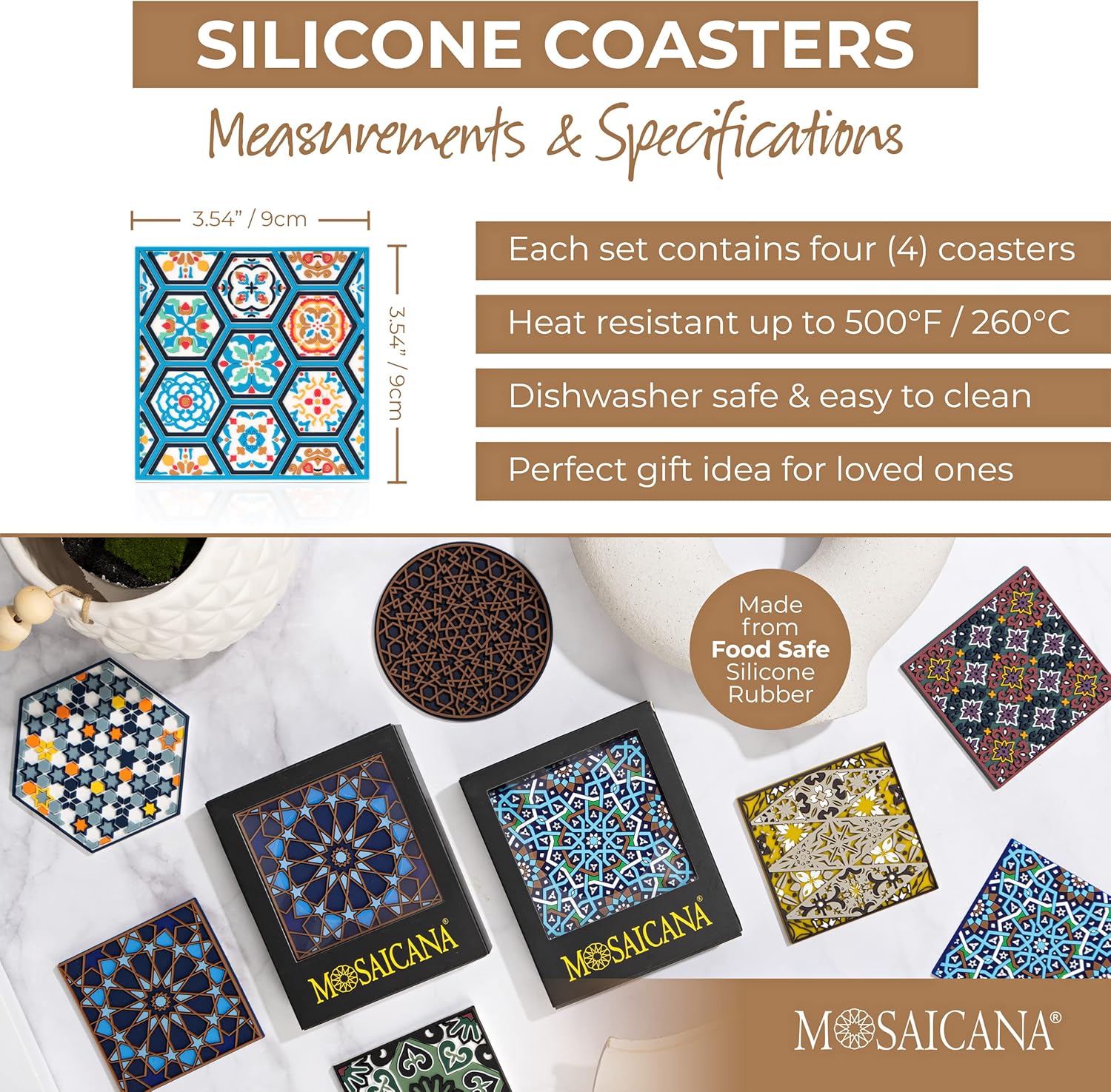 Blue Tile Colored Coasters Set of 4, Silicone, Protects Against Water Marks or Damage Fits All Cups, 3.5" Size