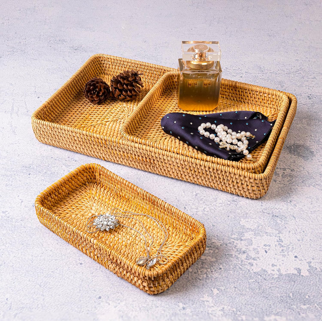 Handmade Rattan Serving Trays, Set of 3, Woven Rectangular Storage Baskets