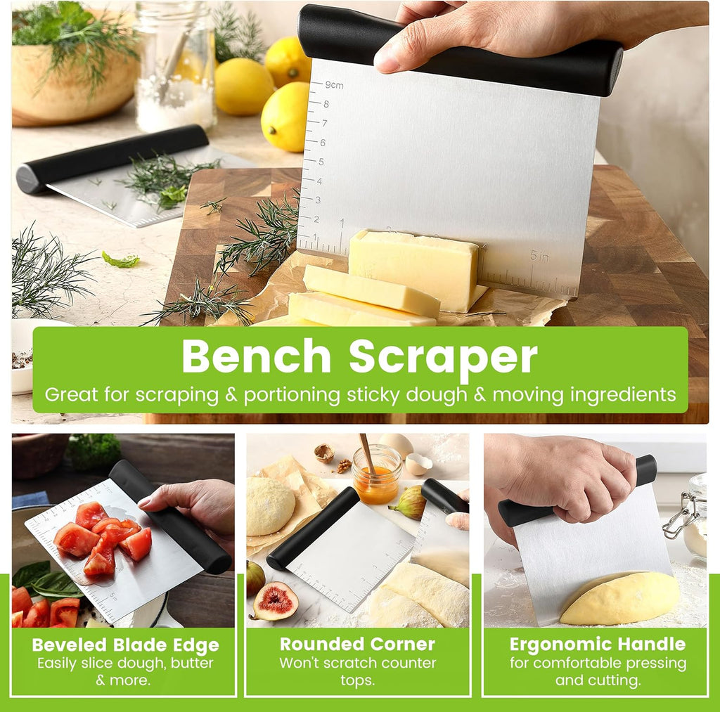 Spring Chef Dough Blender & Pastry Cutter Tool, Stainless Steel Pastry Blender & Bench Scraper for Pizza, Nut, Pie - Multipurpose Dough Cutter & Scraper Tool for Baking with Soft Grip Handles - Black