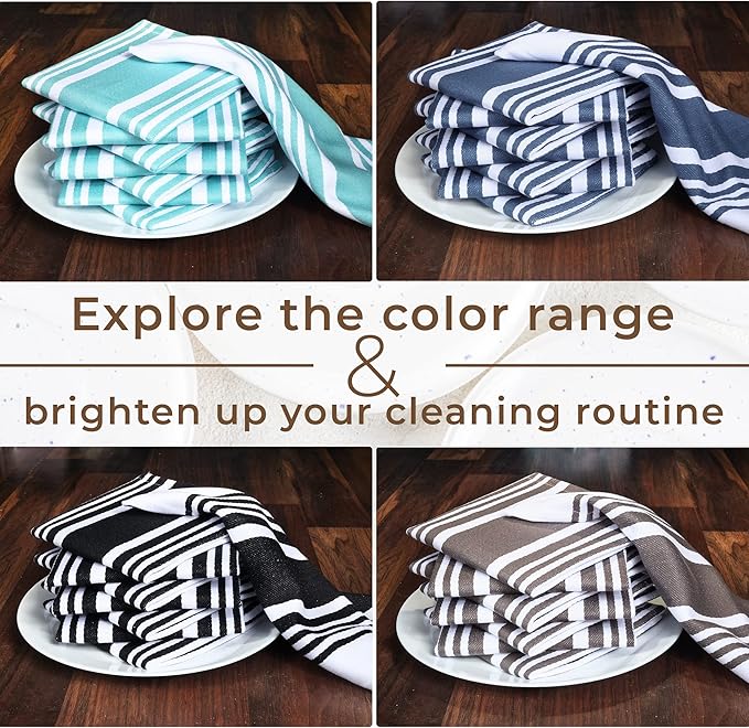 Urban Villa Cotton Dish Cloth Set of 8, Highly Absorbent Super Soft Quick Drying 12x12 Inch Dish Cloths for Kitchen Cleaning & Drying Dishes Mitered Corner Trendy Stripes Kitchen Towels - Grey/White