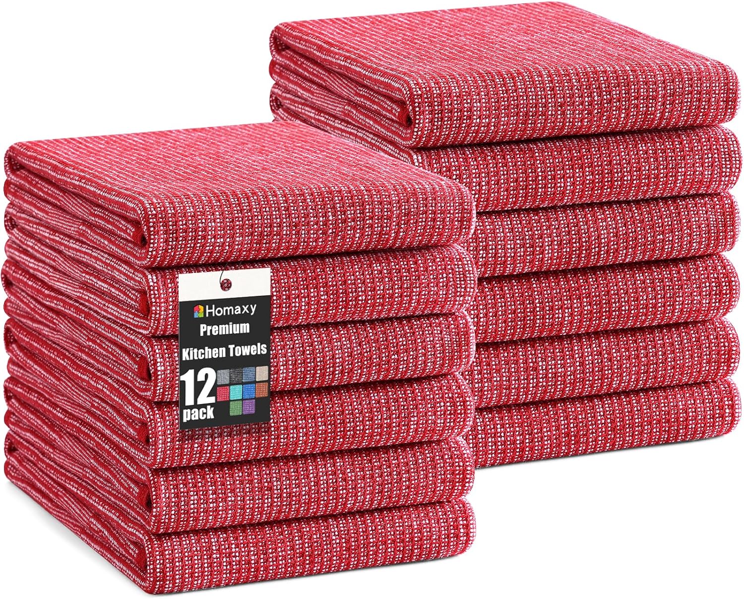 Homaxy Premium Kitchen Towels(18”x 28”, 12 Pack), Large Cotton Kitchen Hand Towels, Flat and Terry Dish Towels, 380 GSM Highly Absorbent Tea Towel Set with Hanging Loop, Red
