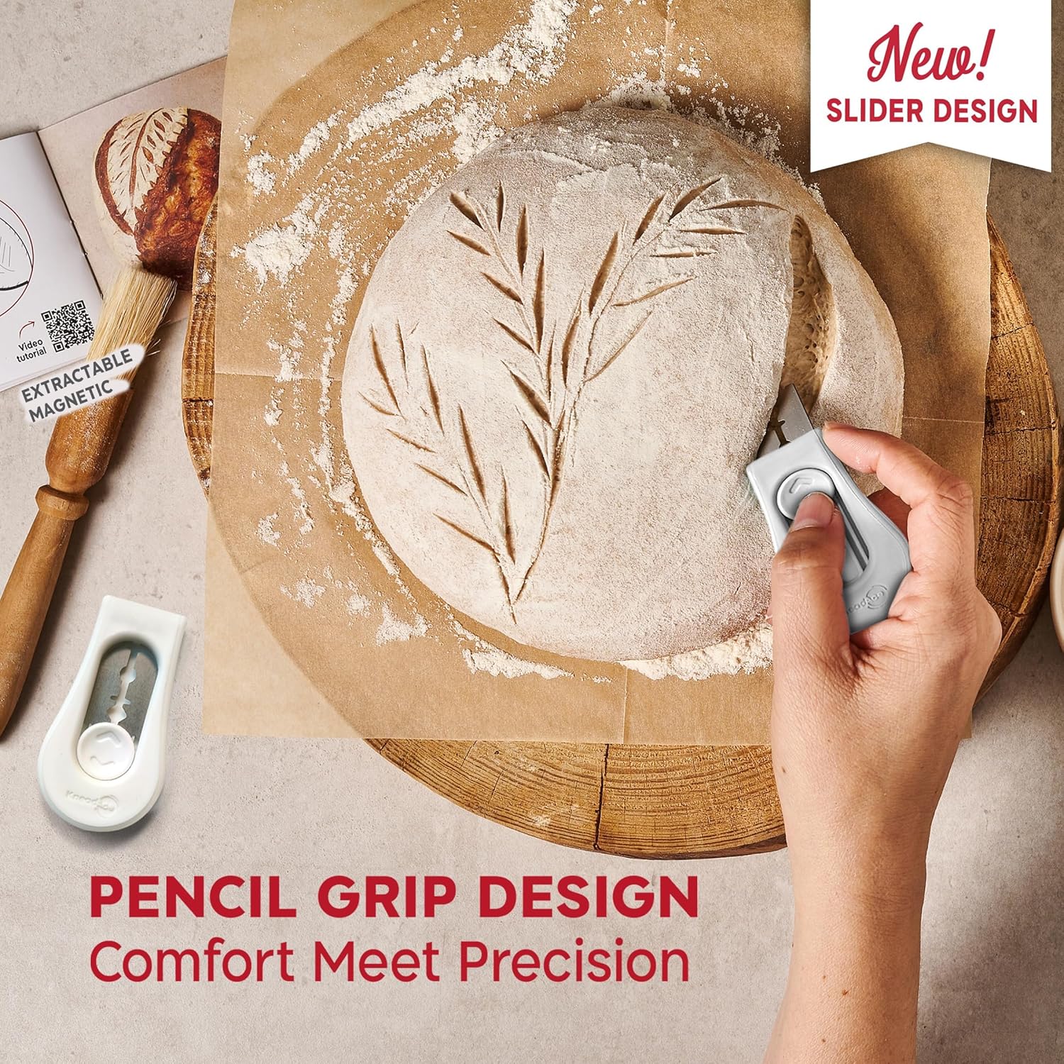 Upgraded Magnetic Bread Lame, Professional Dough Scoring Tool with Extractable Blade, Sourdough Bread Tool for Baking, Includes Scoring Pattern Booklet & 5 Replaceable Razor Blades