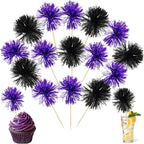 Ephlyn 30Pcs Foil Firework Cupcake Toppers Sparkle Tinsel Cupcake Picks Happy Birthday Cake Decorations Drink Stirrers Cocktail Food Toothpicks for Baby Shower Graduation Party Supplies Black Purple