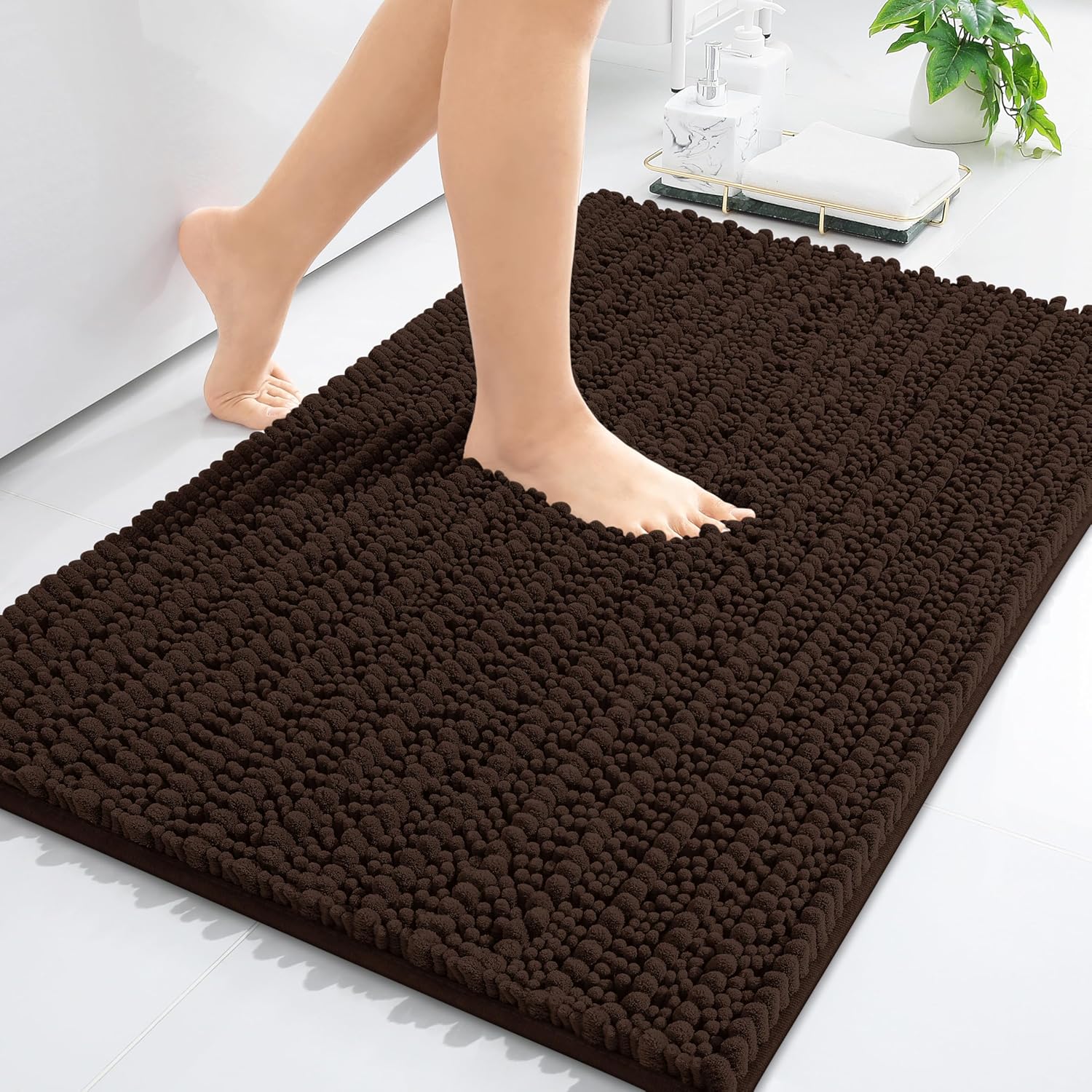 Arotive Luxury Chenille Bathroom Rug Mat, Extra Soft Thick Absorbent Shaggy Bath Rugs, Non-Slip Machine Wash Dry, Plush Bath Mats for Bathroom, Shower and Tub, 30x20, Brown