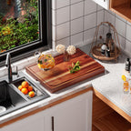 Acacia Noodle Board Stove Cover with Wavy Handles, Wooden Stove Top Cover for Gas Burners & Electric Stove, Stovetop Cutting Board with Juice Grooves, Serving Tray 30"L x 22"W x 2.5"H