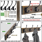 IBosins Wall Mounted Coat Rack, Entryway Hanging , Metal Wood Rack with 4 Black Literary Rustic Hooks Rail for Scarf, Bag, Towel, Key, Cap, Cup, Hat (Brown)