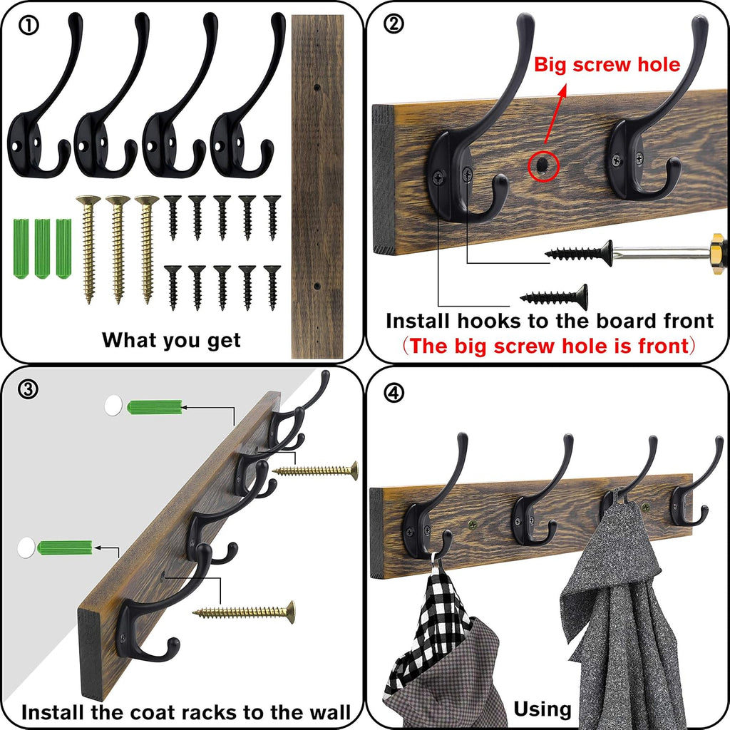 IBosins Wall Mounted Coat Rack, 2 Pack Metal Wood Coat Rack with 8 Black Rustic Hooks for Scarf, Bag, Towel, Key, Cap, Cup, Hat
