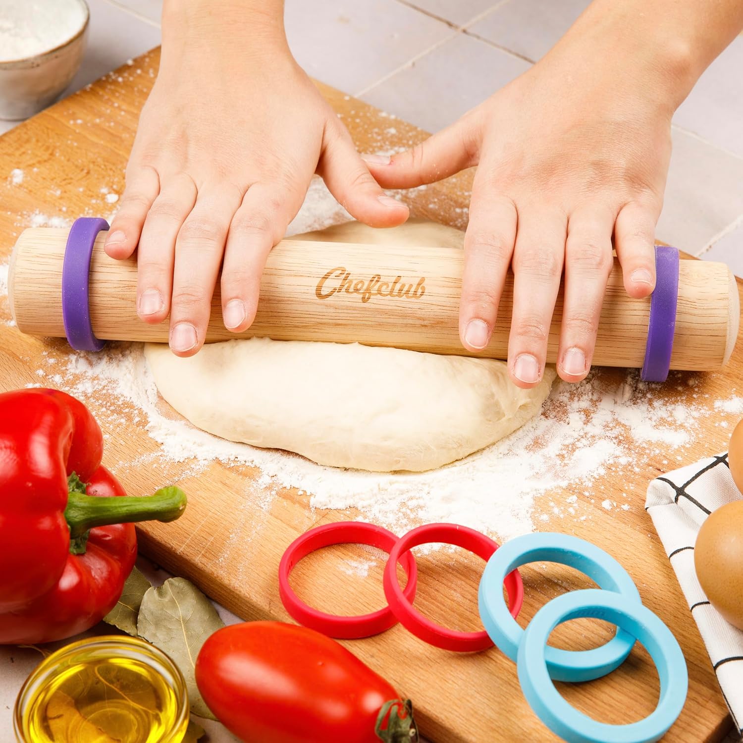 Adjustable Wooden Rolling Pin - 3 Removable Silicone Rings - Perfect for Baking & Pastry, Pizza, Pie, Cookie Dough - Precision Baking Tool for Kids