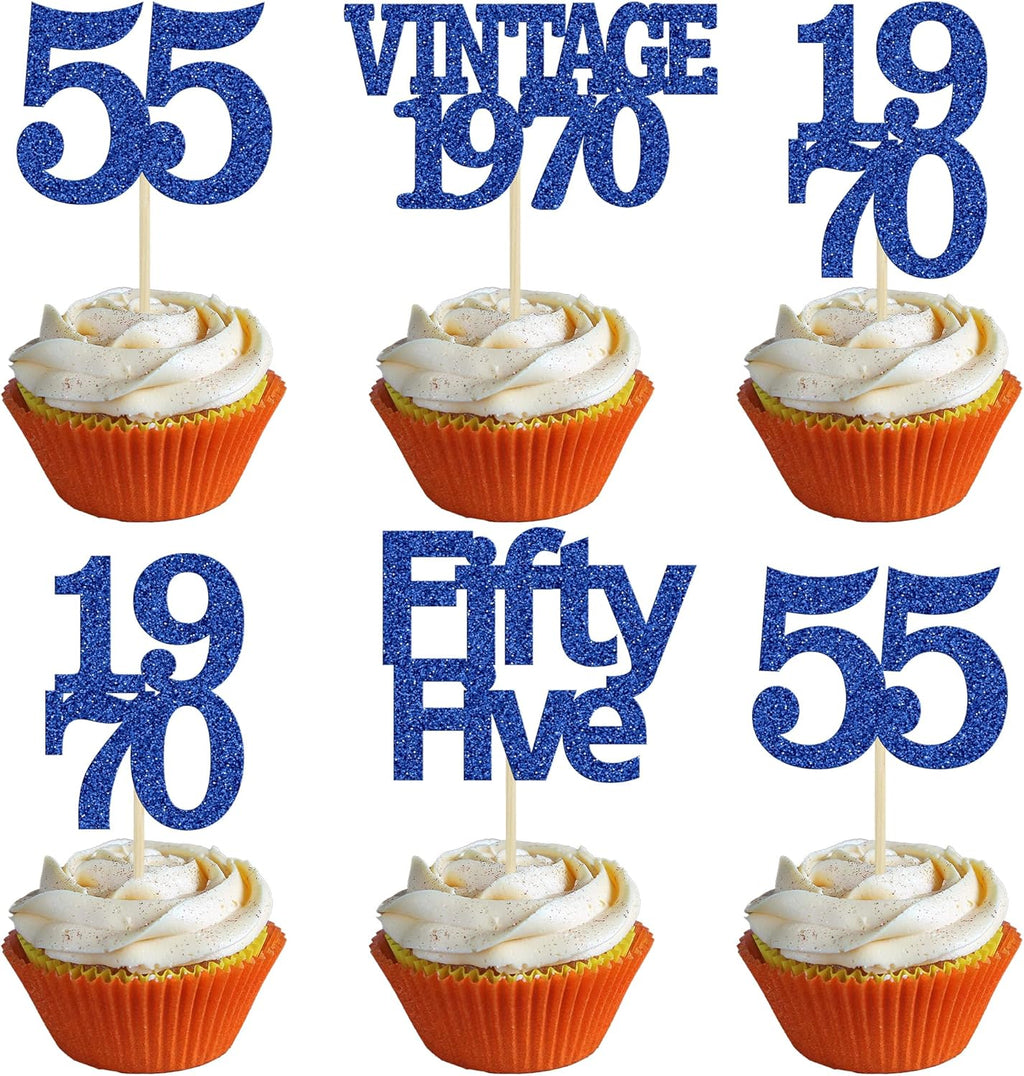Gyufise 24Pcs Vintage 1970 Cupcake Toppers Glitter Cheers to 55 Fabulous Fifty Five Cupcake Picks 55th Birthday Wedding Anniversary Party Cake Decorations Supplies Deep Blue