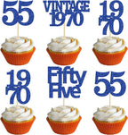 Gyufise 24Pcs Vintage 1970 Cupcake Toppers Glitter Cheers to 55 Fabulous Fifty Five Cupcake Picks 55th Birthday Wedding Anniversary Party Cake Decorations Supplies Deep Blue