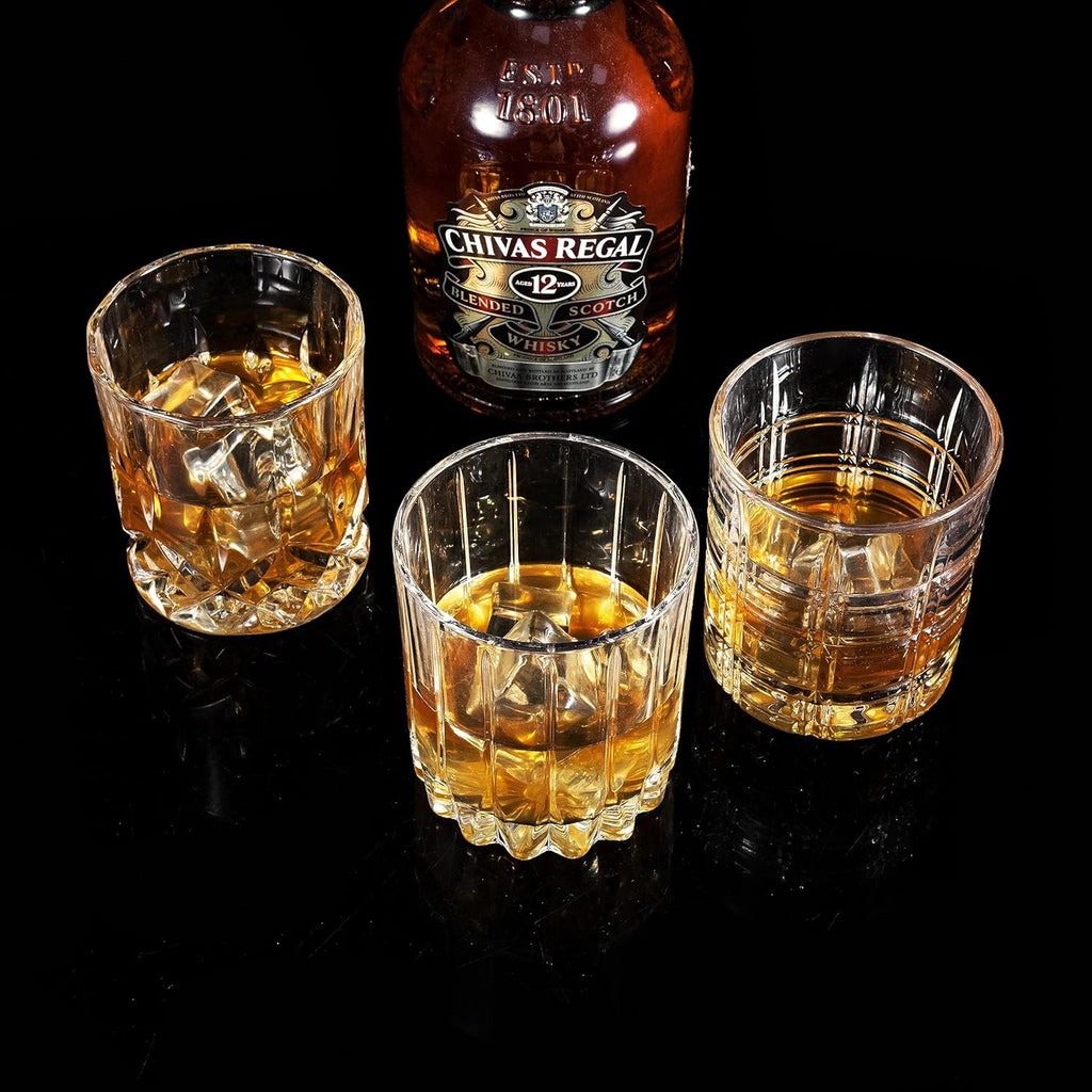 KANARS Whiskey Glasses Mixed, 10 Oz Scotch Glasses Set of 6, Rock Bar Tumblers 3 Patterns in Luxury Gift Box for Birthday, Anniversary, Housewarming and Wedding