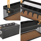 Utensil Caddy Metal Mesh Silverware Cutlery Organizer Basket with Bamboo Handle, Multi-Purpose Steel Wire Caddy 6 Compartment Flatware Basket for Kitchen, Countertop, Picnic, Restaurant, Black