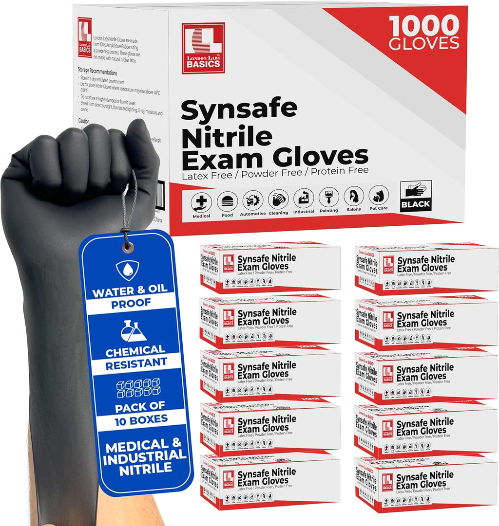 Synsafe 4 Mil -Black Nitrile Exam Gloves –Disposable Latex Free & Powder Free – Extra Strong, Rubber Gloves – First Aid Kit, Medical, EMT, Cleaning, Cooking | Bulk Case of (1000 ct)