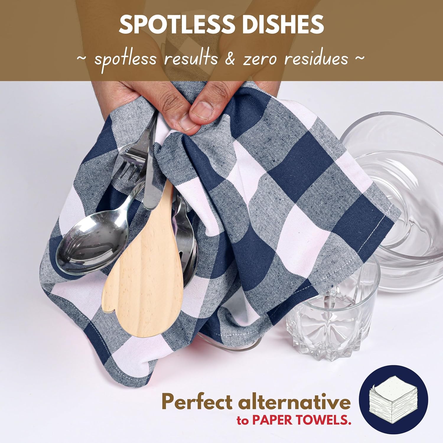 Native Fab 12-Pack Kitchen Towel with Hanging Loop 16x26 inches, Cotton Buffalo Check Kitchen Towels for Cleaning Drying, Washcloths Soft & Absorbent Cloth Rags, Bar Towel, Dish Cloth, Navy