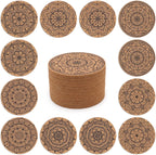 Coasters for Drinks 12 pcs Absorbent Cork Coasters with Flower Pattern Housewarming Gifts for New Home Present for Friends, Living Room Decor, Apartment Decor