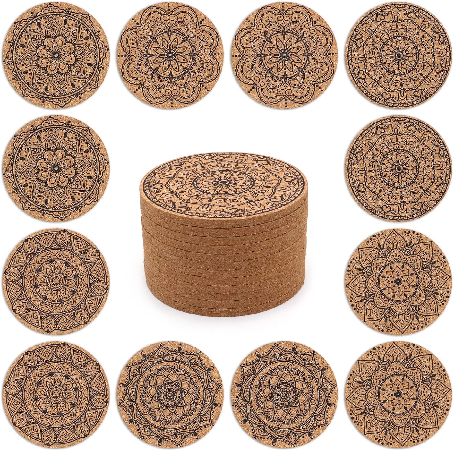 Coasters for Drinks 12 pcs Absorbent Cork Coasters with Flower Pattern Housewarming Gifts for New Home Present for Friends, Living Room Decor, Apartment Decor