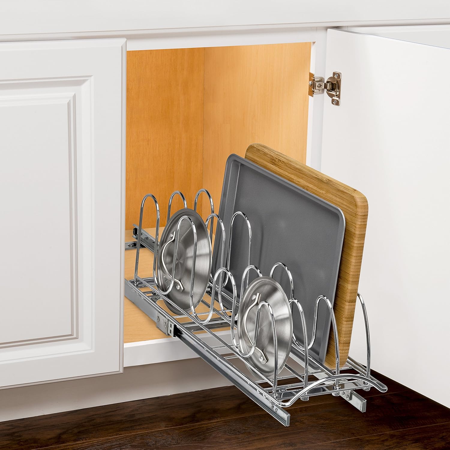 LYNK PROFESSIONAL® Pull Out Pot Lid and Cookie Sheet Organizer Rack for Cabinet - Lifetime Ltd. Warranty - Sliding Kitchen Organizers – Pans, Pots, Lids, and Tray Storage - 7.25 wide x 21 inch, Chrome