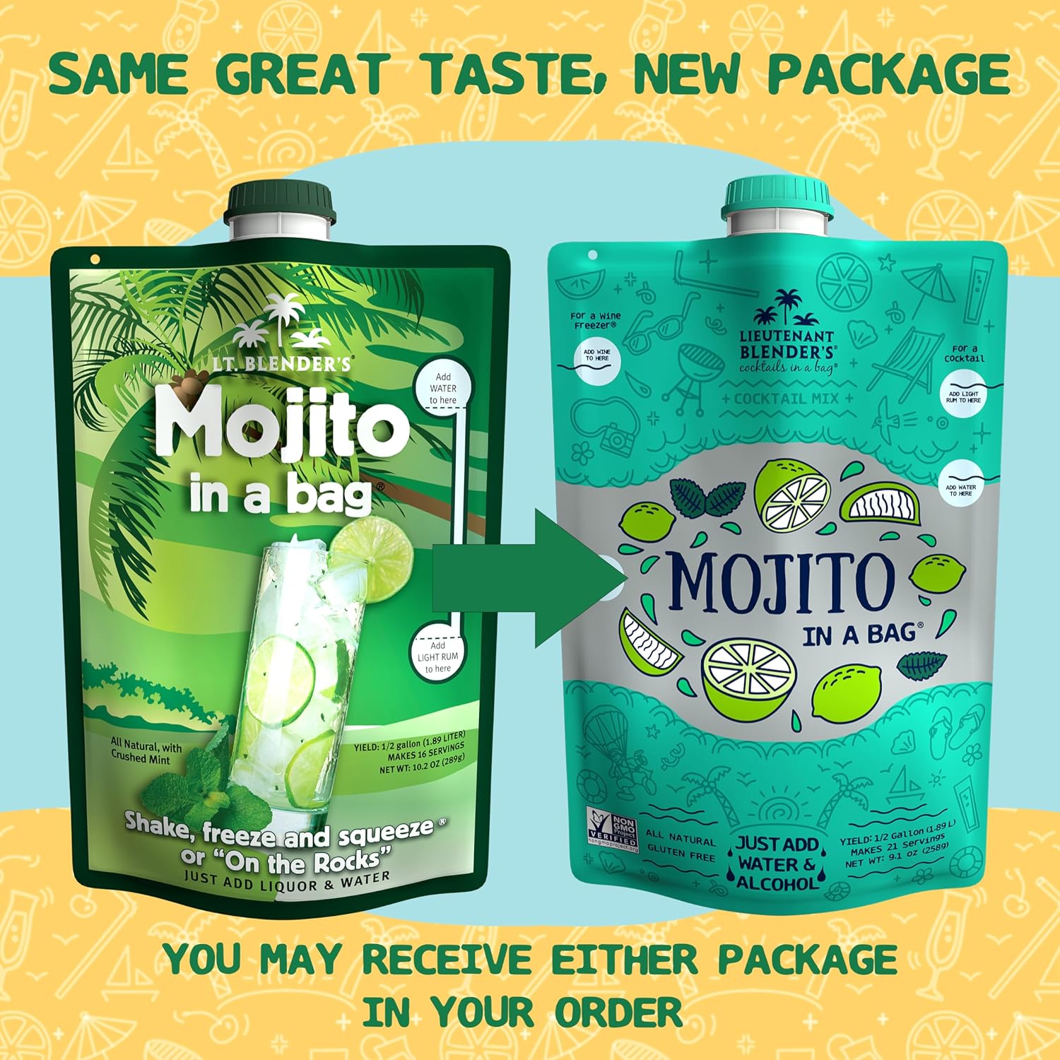 Lt. Blender's Mojito in a Bag - Each Bag Makes 1/2 Gallon of Frozen Mojito Mix – Non-GMO Cocktail Mix for Slushies – Make a Cocktail, Wine Slushie or Mocktail - (Pack of 4)